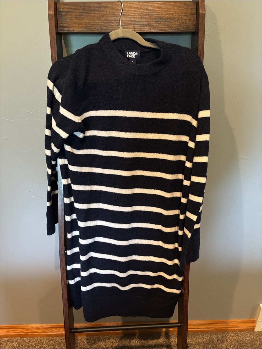 Lands' End Navy and White Striped Sweater Dress